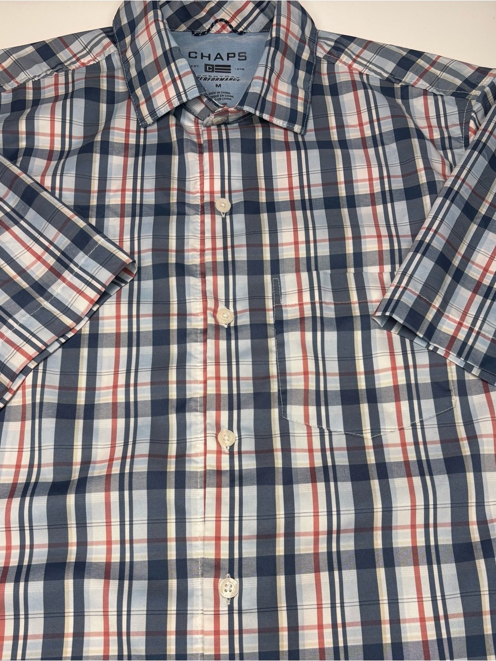 Ralph Lauren Chaps Short-Sleeve Plaid Performance Shirt Blue White & Red M EUC